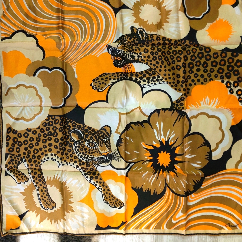 SOLD!! Gorg VTG Burmel 🖤 🤎 🧡 Silk Hand rolled Scarf w Floral and Cheetah